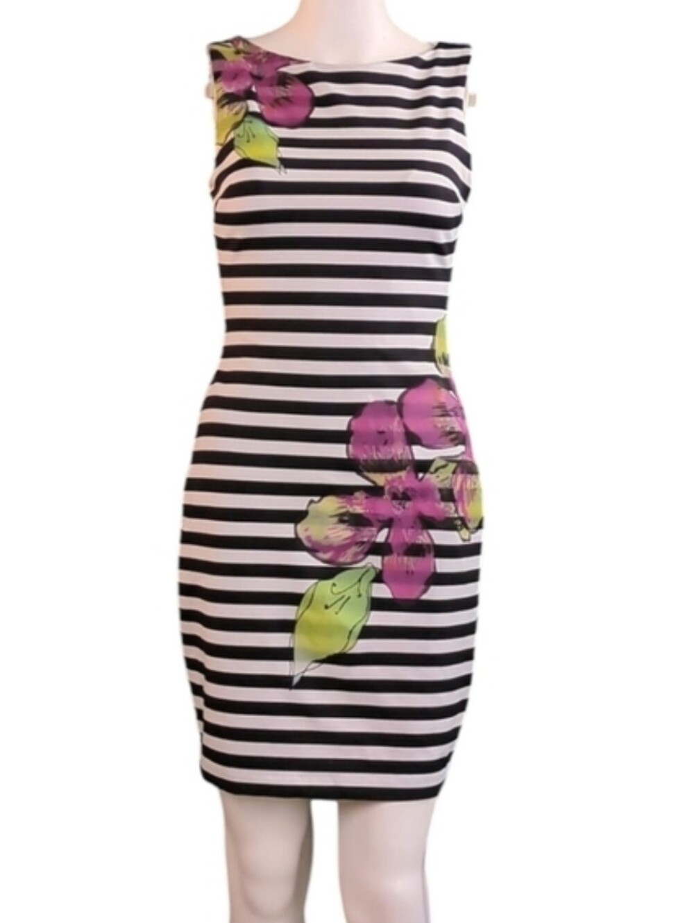 Caché Horizontal Striped Bodycon Dress With Floral Splash